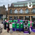 Wipeout Challenge inflatble hire in Harrogate town centre attracting a crowd